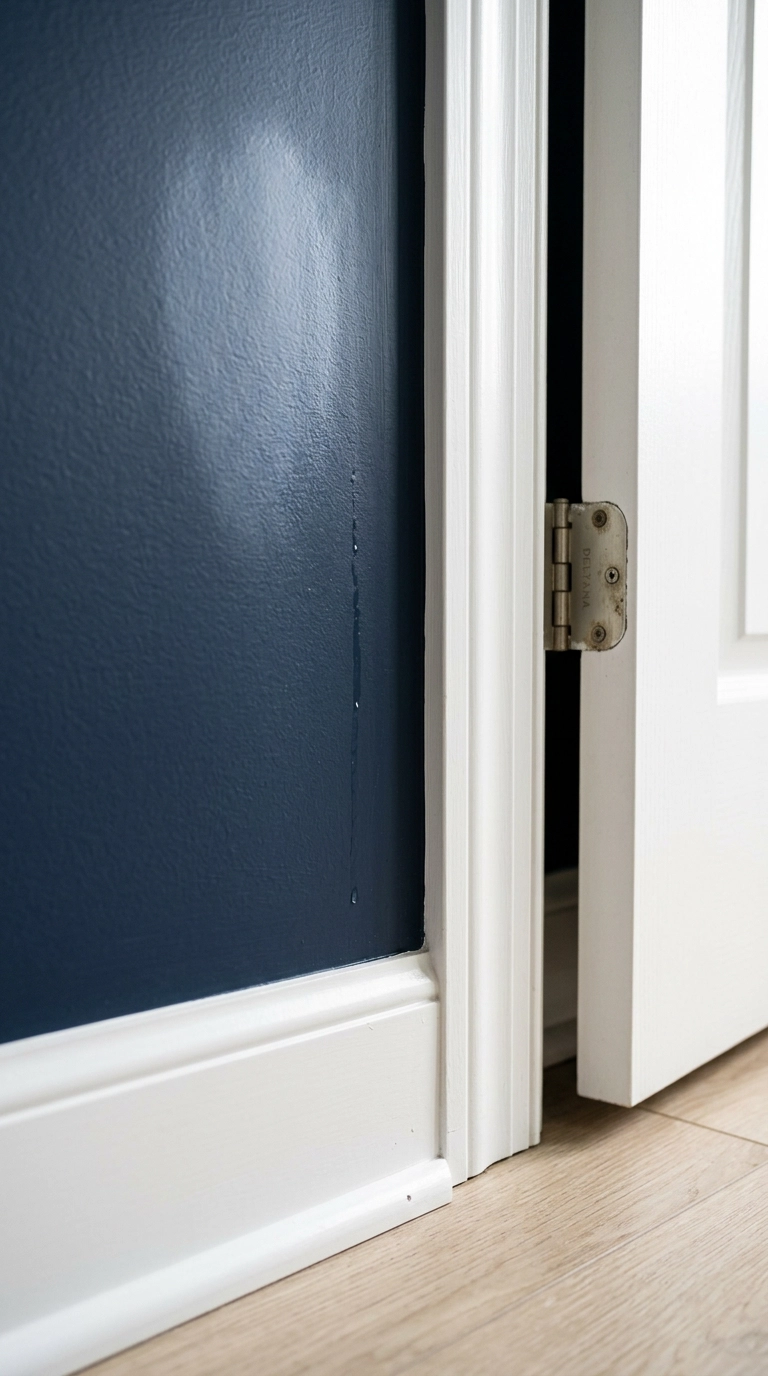 Deep navy satin bathroom wall meeting crisp white semi-gloss trim with a water droplet trail
