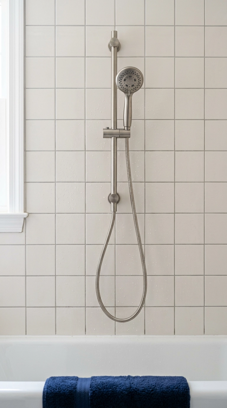 Brushed nickel handheld shower head on a vertical slide bar against white tile