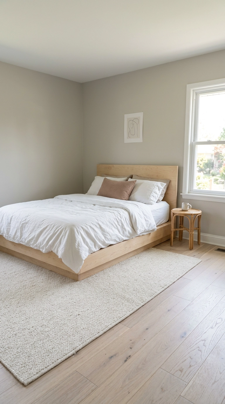 Bright bedroom with pale white-washed oak floors and a large ivory wool rug under a blonde platform bed