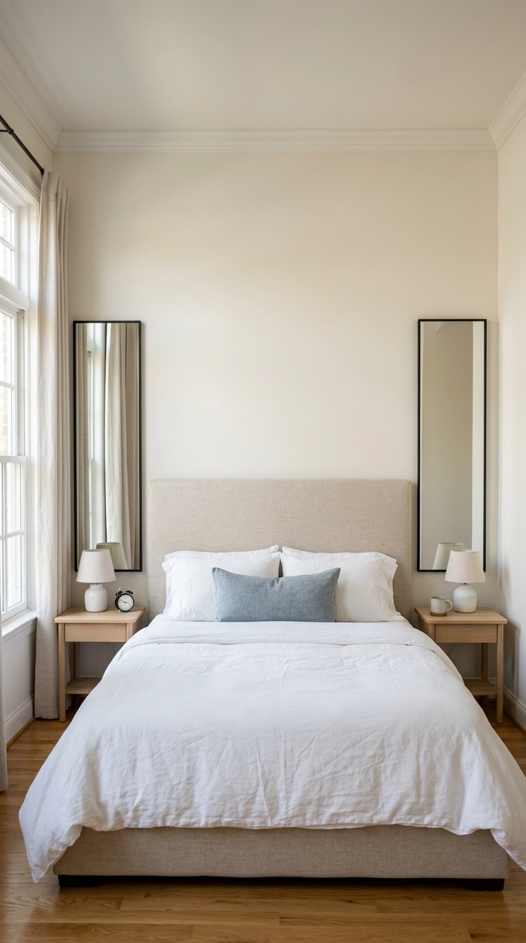 Two narrow black-framed mirrors flanking an oatmeal linen headboard in a bright bedroom