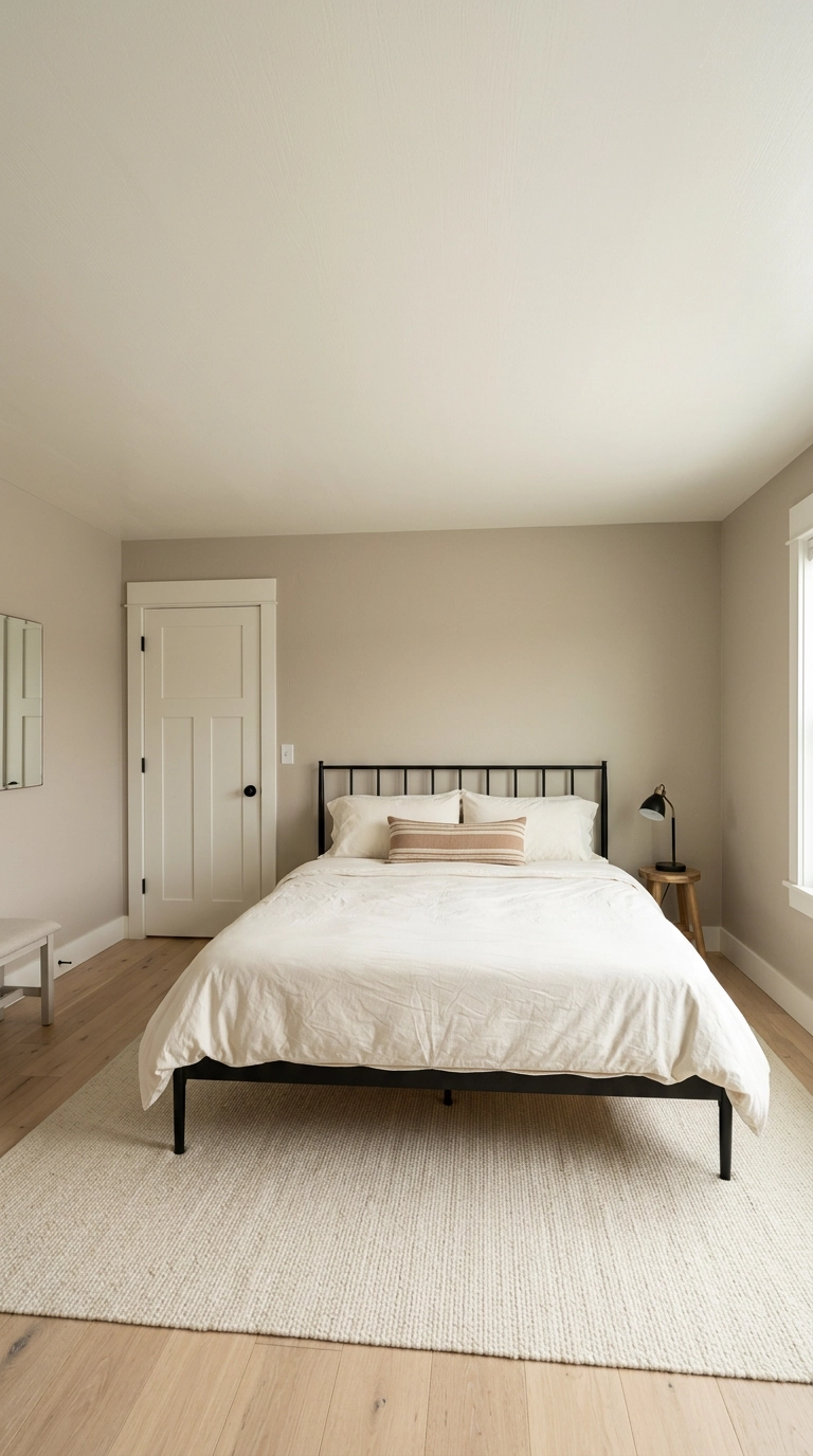 Bright bedroom with a satin-finish warm white ceiling reflecting daylight above a black iron bed