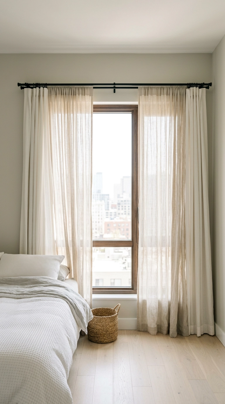 Sheer linen curtain layered over a blackout panel on a high-mounted double rod in a bright bedroom