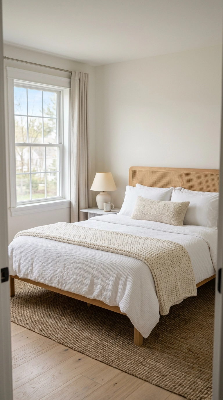 Bright bedroom with white waffle duvet, chunky knit throw, and a natural cane webbing headboard