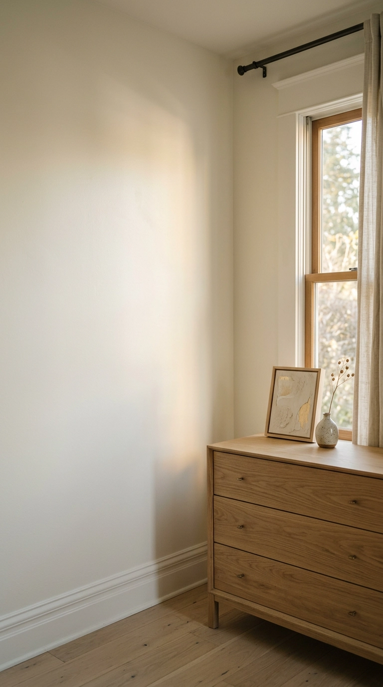 Bedroom corner in eggshell warm white paint with light raking across the wall above an oak dresser