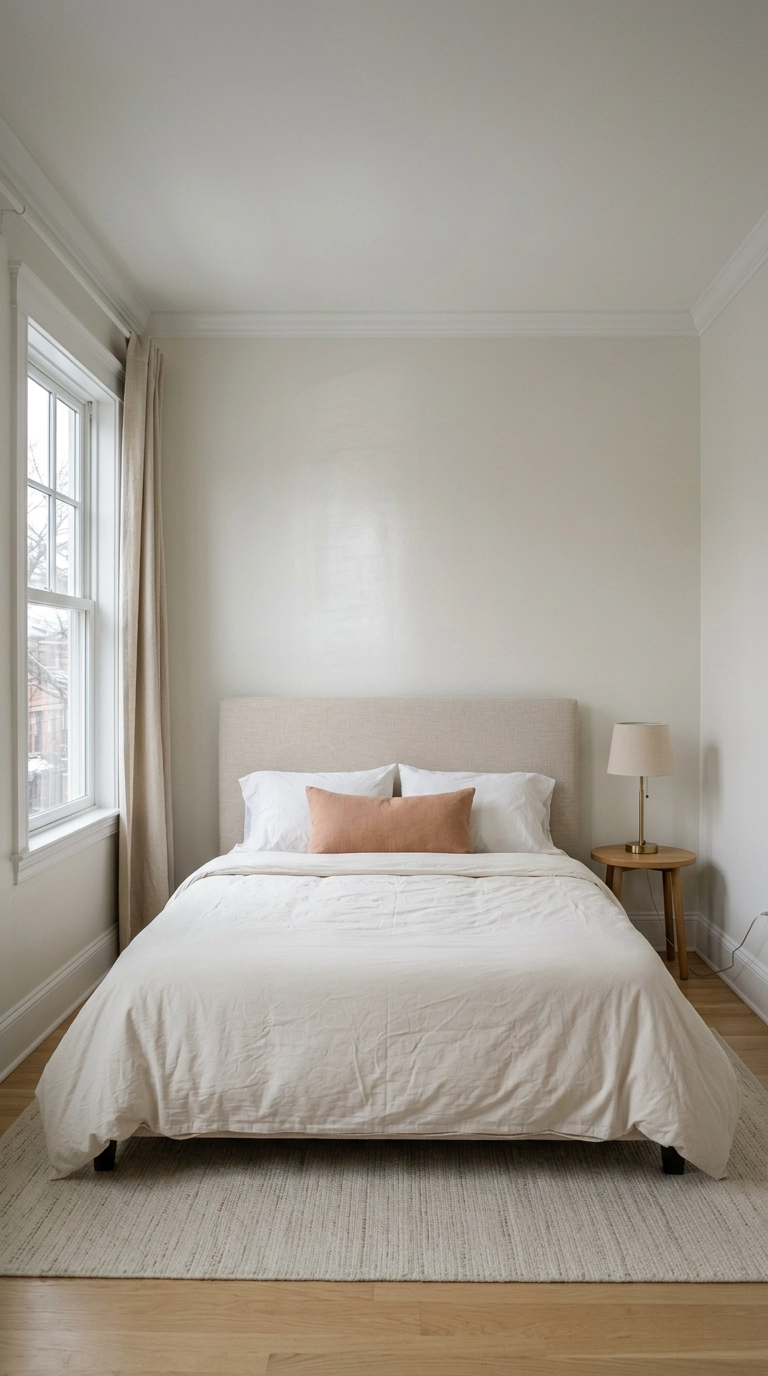 North-facing bedroom painted in a warm high-LRV off-white with oatmeal linen headboard under flat daylight