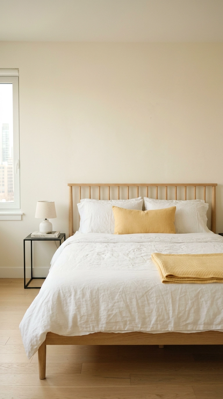 White bedroom with butter yellow lumbar pillow and matching throw as the only color accent
