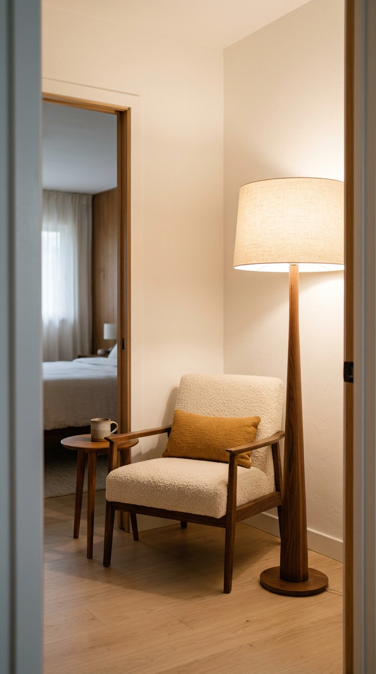 Mid-century floor lamp with a white-lined linen drum shade glowing in a bright bedroom reading corner
