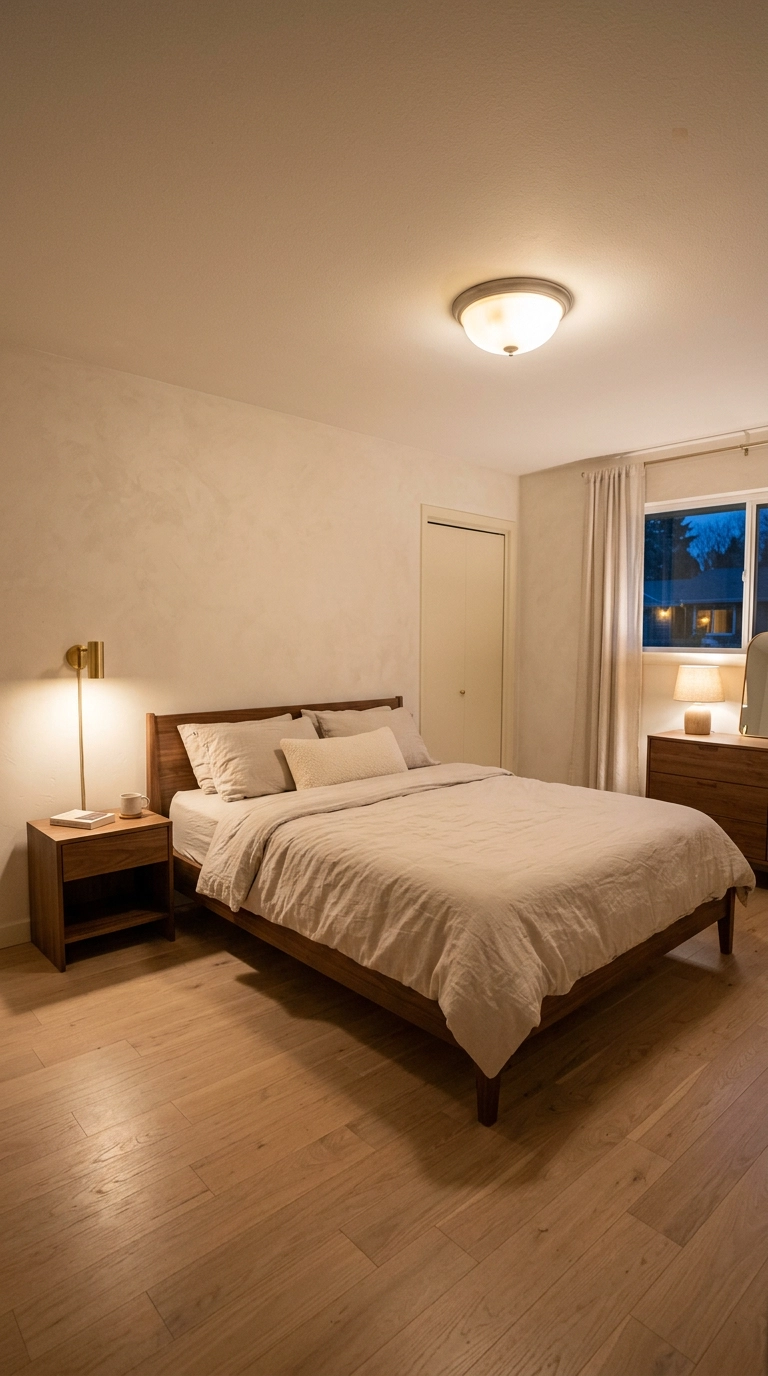 Bedroom at dusk lit by a flush dome ceiling light, a brass sconce, and a small dresser lamp