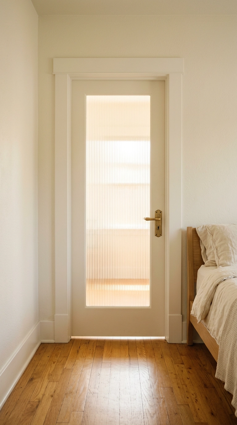 Bedroom door with a tall reeded glass panel letting borrowed daylight into a bright bedroom