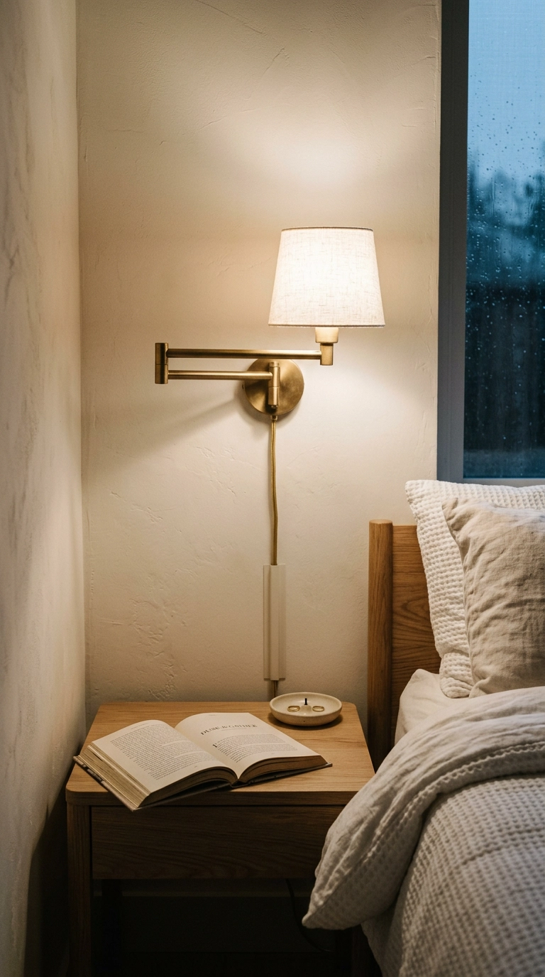 Plug-in brass swing-arm sconce with ivory shade lighting a book on a bright bedroom nightstand