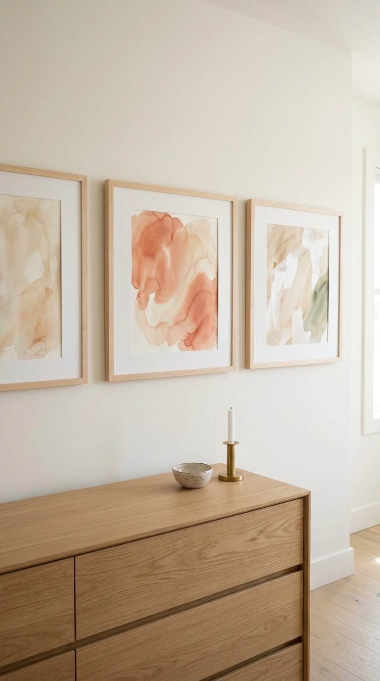 Row of three abstract artworks in pale maple frames with white mats above a bright bedroom dresser