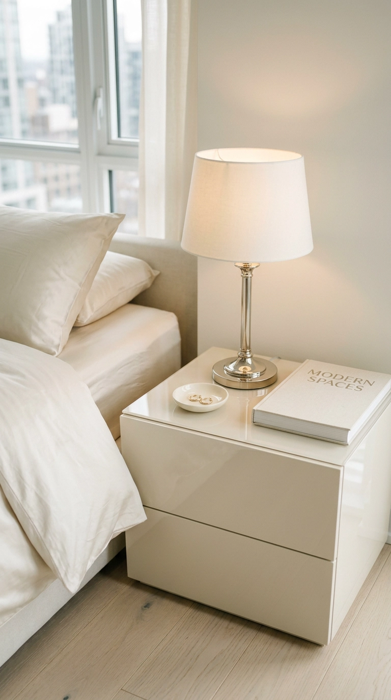 Glossy cream lacquered nightstand and nickel lamp reflecting soft morning light in a bright bedroom
