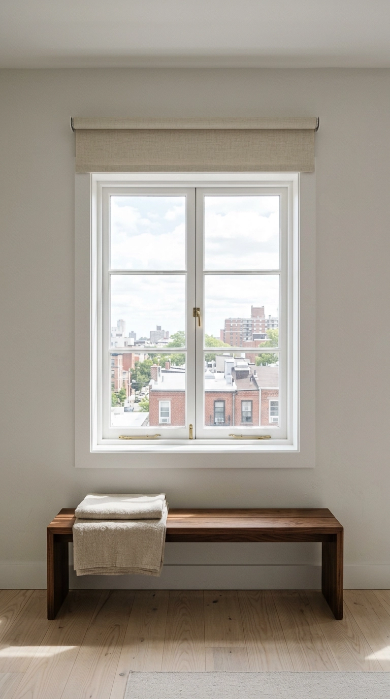 Pale flax roller shade rolled up into a slim cassette above a bright bedroom casement window