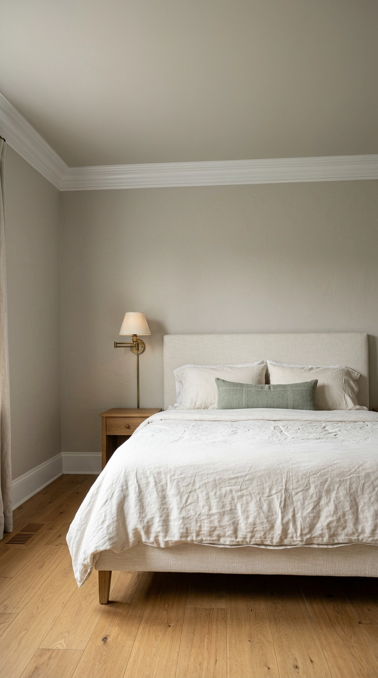 Bedroom with greige walls and a lighter tinted ceiling seen from a low upward angle