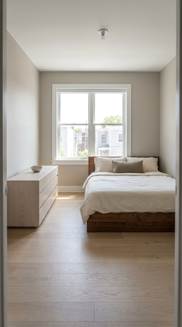 Bright bedroom with all low-profile furniture kept below the window sill for a clear sightline