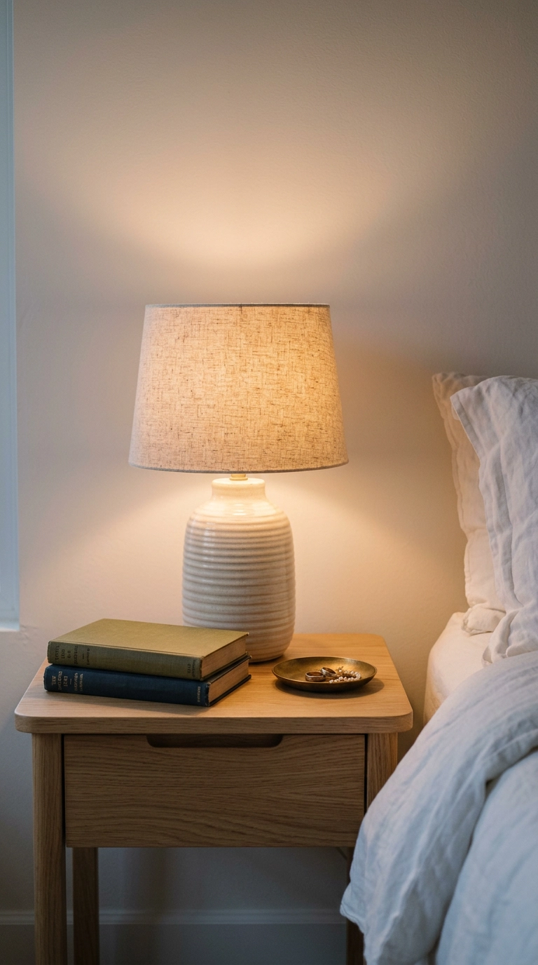 Ivory ceramic bedside lamp with linen shade glowing warm on a pale oak nightstand at dusk