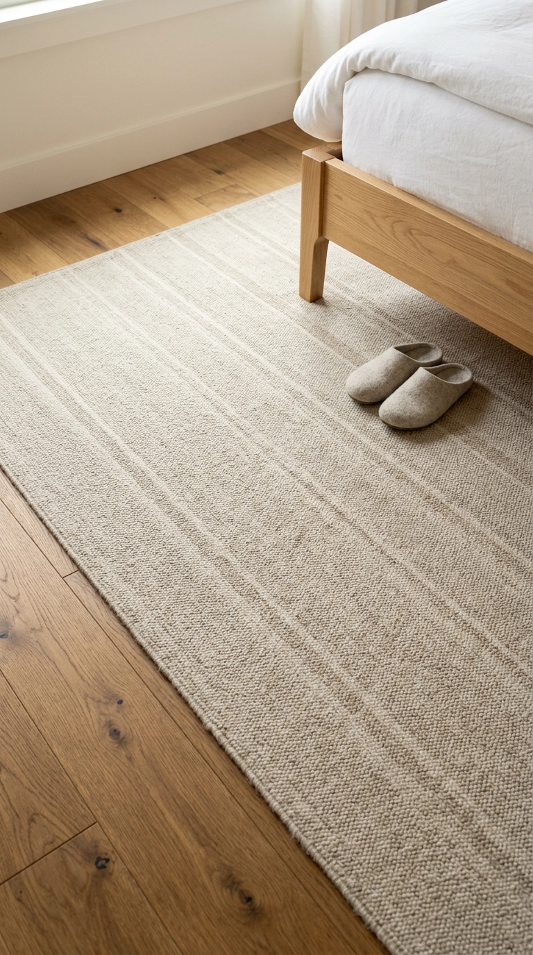 Soft oatmeal low-pile washable rug over oak floors beside a bright bedroom bed