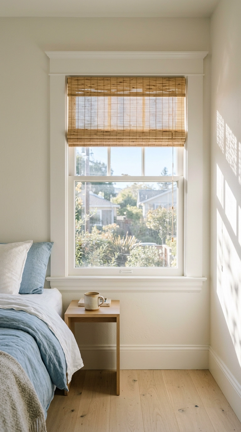 Natural woven bamboo roman shade raised two-thirds up a bright bedroom window