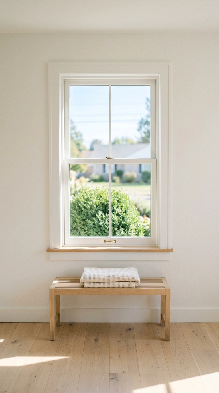 Spotlessly clean bright bedroom window with unobstructed morning light pooling on pale oak floors