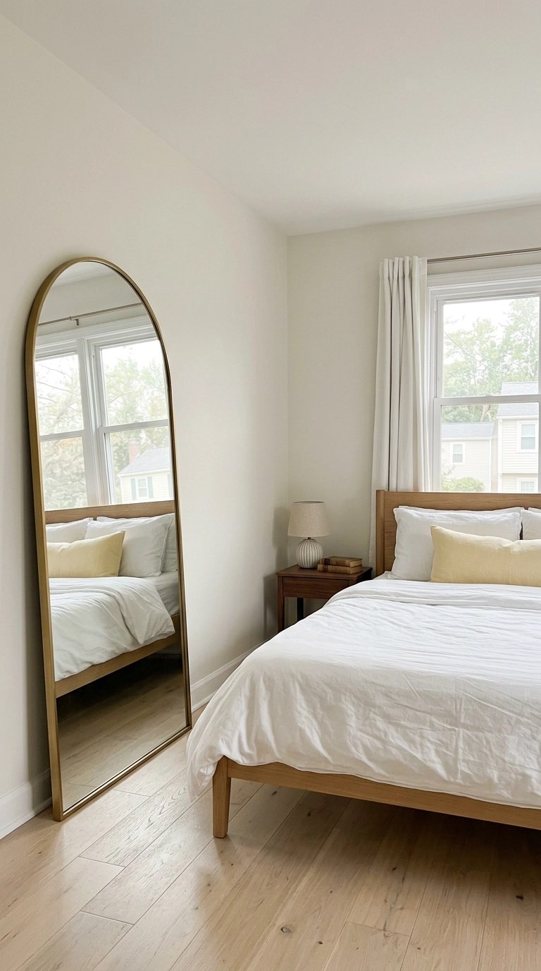 Large arched brass mirror leaning opposite a bedroom window bouncing daylight across a white oak bed