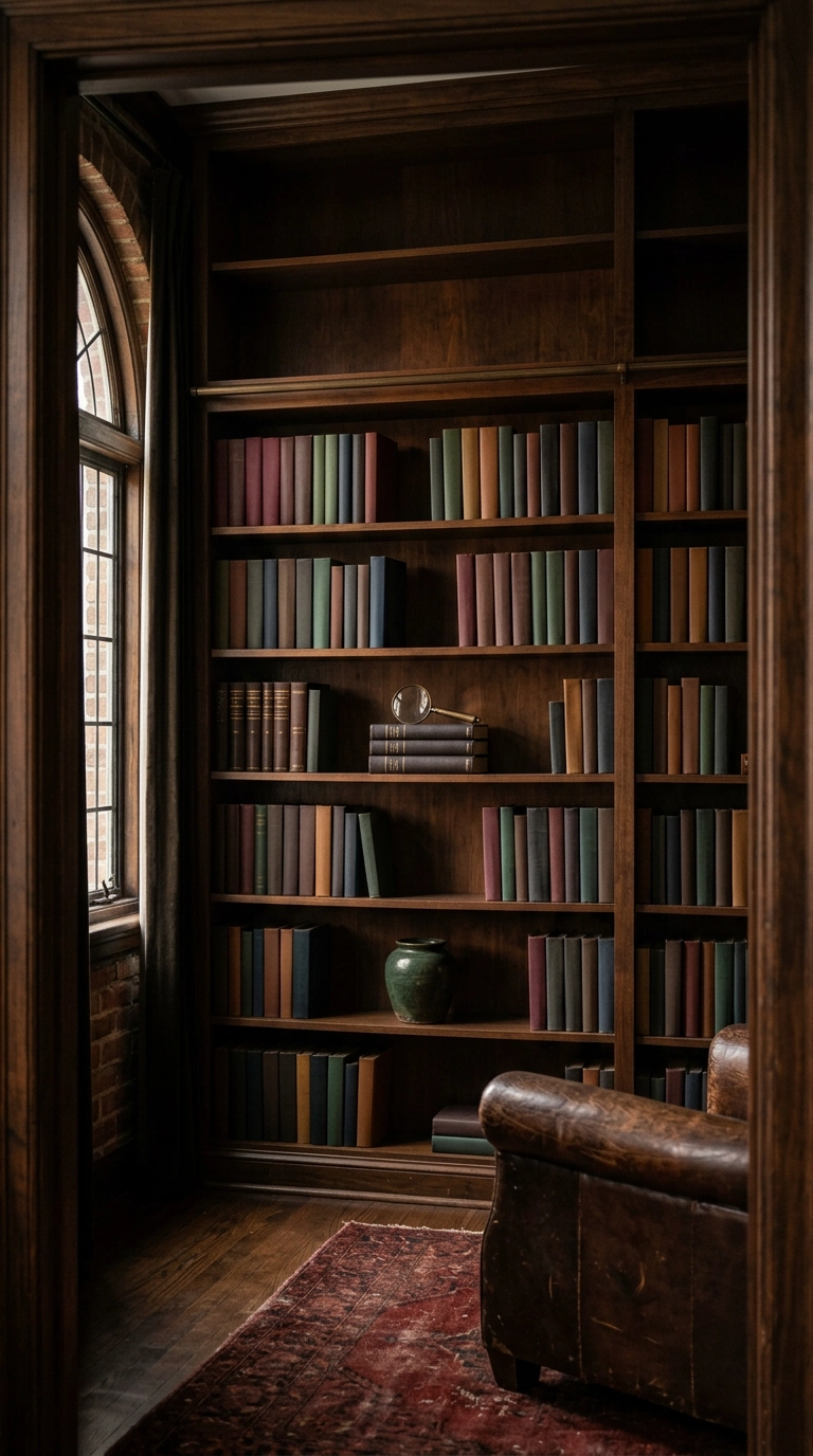 Walnut built-in shelving with books grouped by subject in a dark academia study