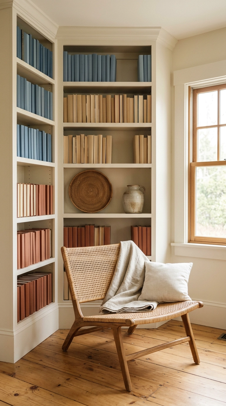 Bone-white built-in bookshelf with books grouped into muted color blocks