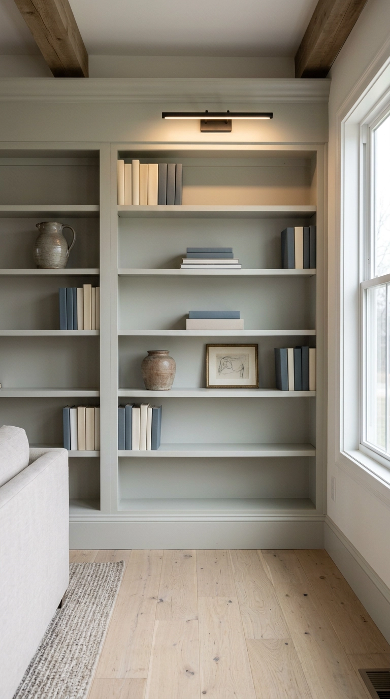Budget built-in bookshelf wall made from basic bookcases with added trim, painted sage-grey