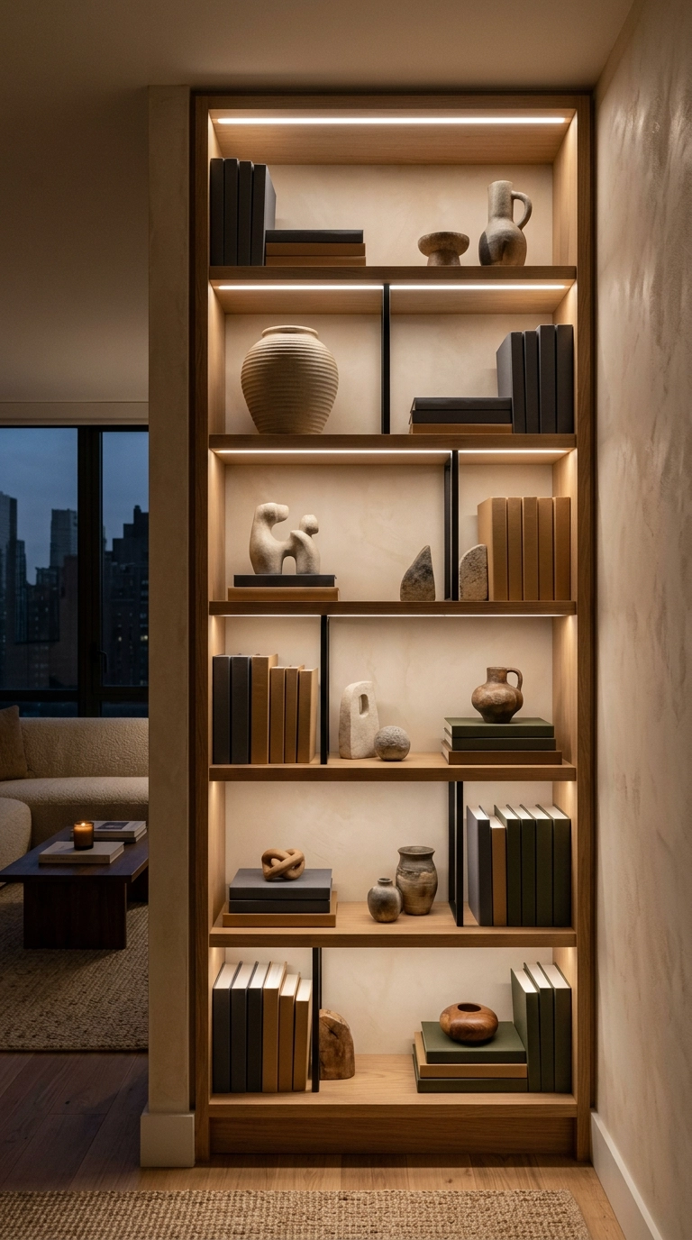 White oak built-in bookshelf with warm LED strip lighting under every shelf