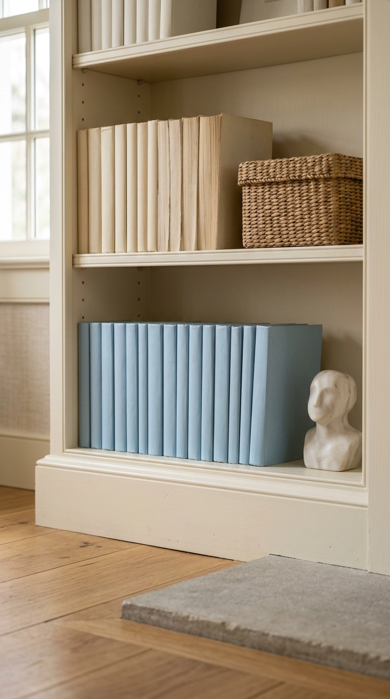Creamy white built-in bookshelf with muted books shelved spine-out
