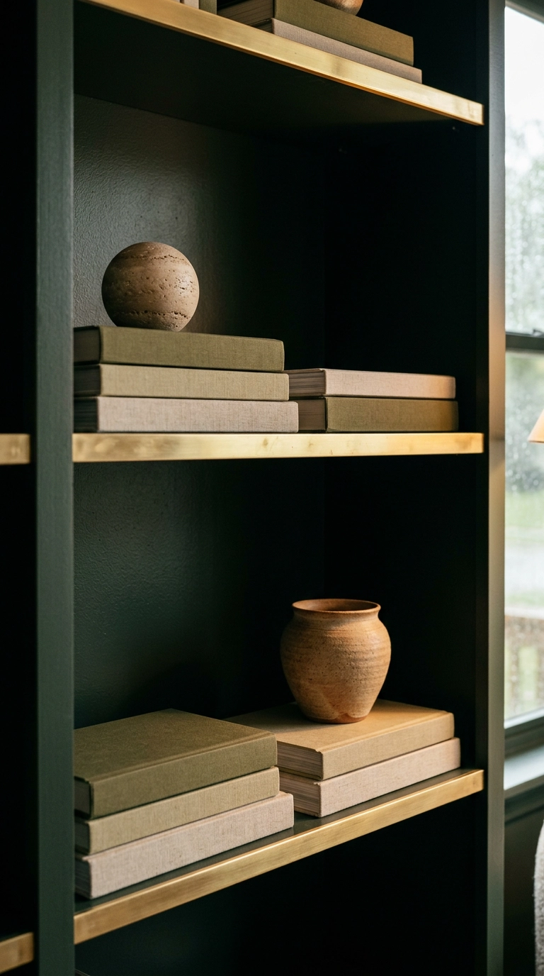 Horizontal book stacks acting as risers under a stone sculpture on a green built-in shelf