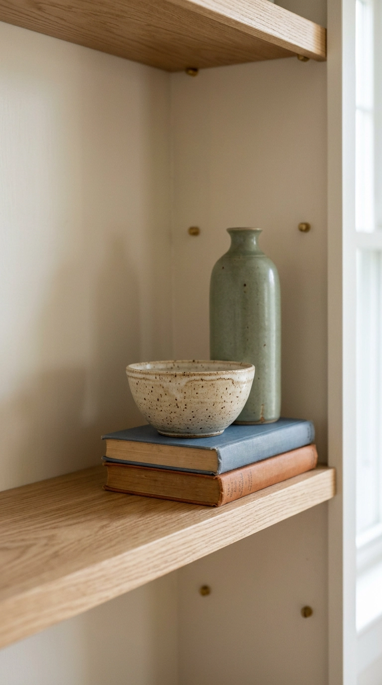 Three objects of varying heights grouped in one bay of a white built-in bookshelf