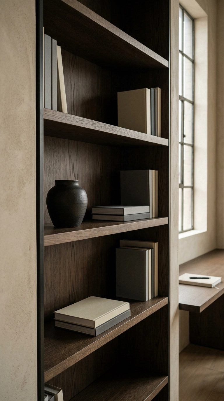 Smoked oak built-in bookshelf with one object pulled forward in each bay for depth