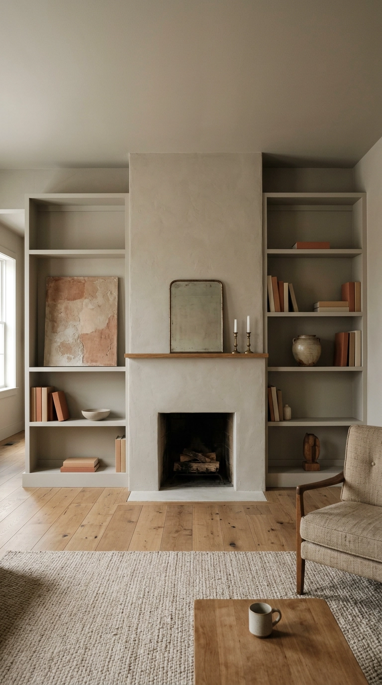 Symmetrical greige built-in bookshelves flanking a plaster fireplace
