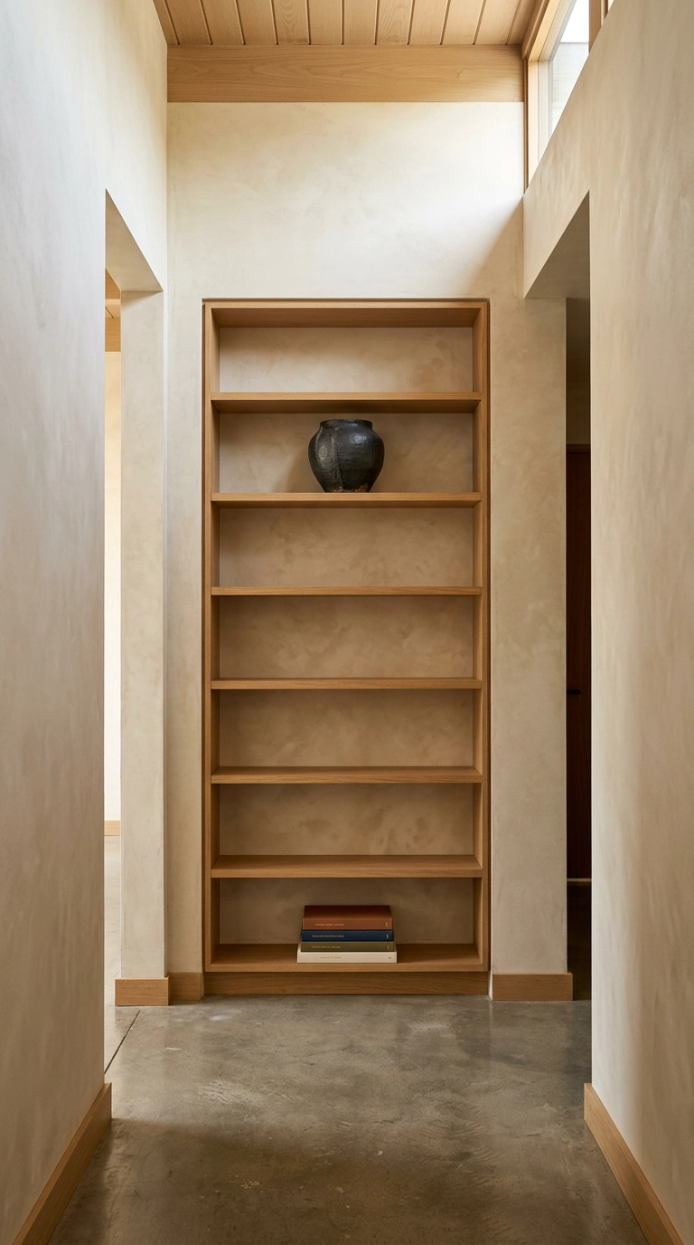 Recessed built-in bookshelf with two shelves left deliberately empty