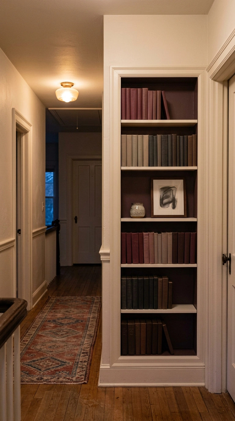 Shallow built-in bookshelf recessed into a narrow hallway niche painted plum-brown