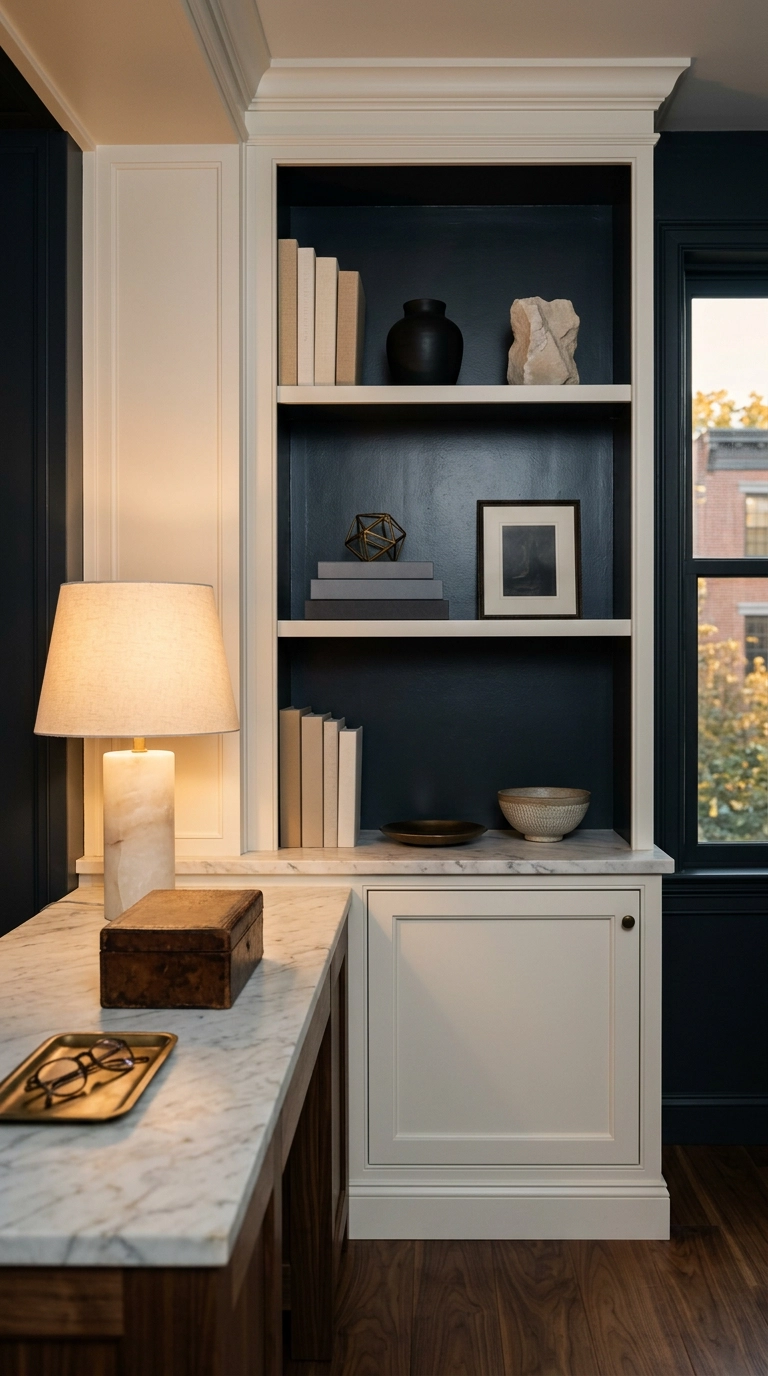 Built-in shelving with white frames and dark charcoal blue painted back panels