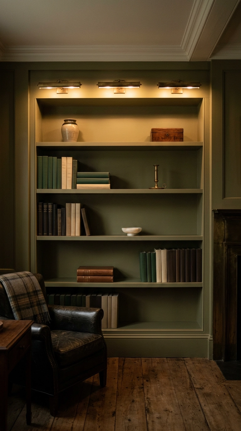 Brass picture lights mounted above an olive painted built-in bookshelf