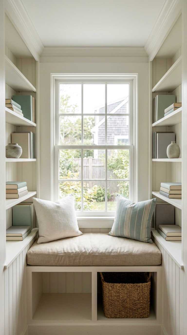 Built-in shelving flanking a cushioned window seat in a coastal reading corner