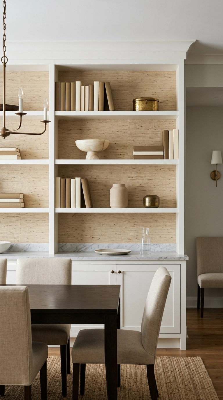 Built-in shelving with sisal grasscloth lined back panels and sparse styling