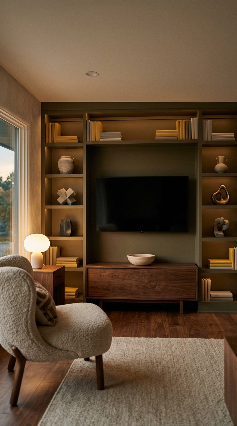 Television centered in a bronze-green built-in shelving wall with sparse styling