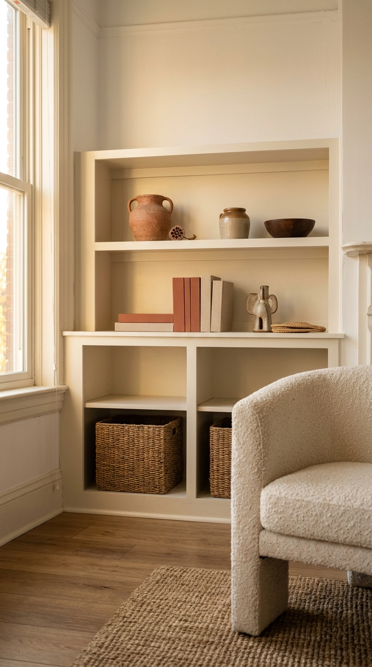 Woven seagrass bins tucked into the lower bays of an off-white built-in bookshelf