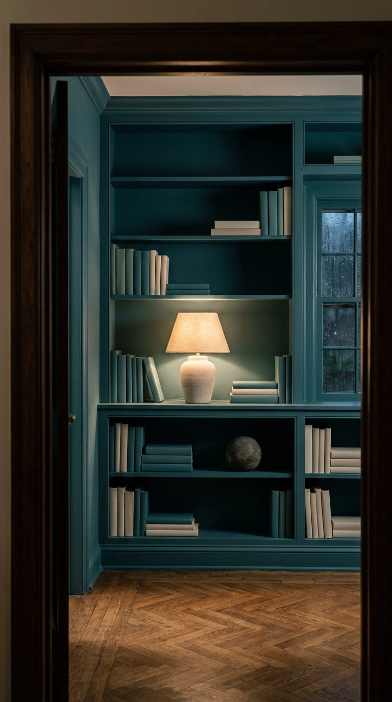 Built-in bookshelf wall color-drenched in deep muted teal including trim