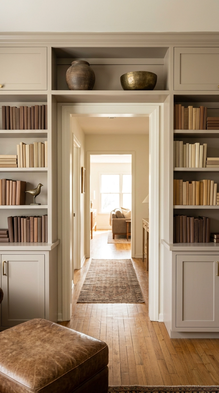 Built-in shelving wrapping over and around a doorway in a taupe den