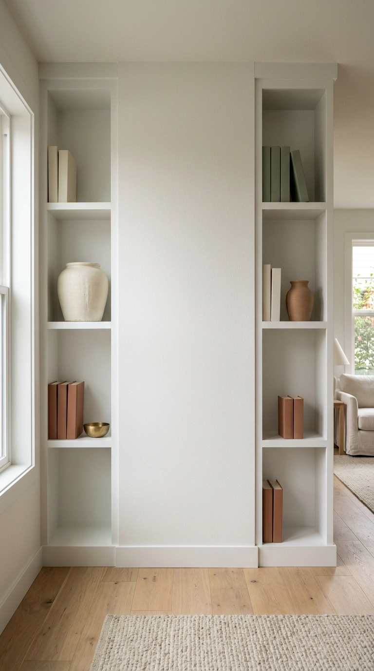 White built-in bookshelf styled at two-thirds fill with muted books and open gaps