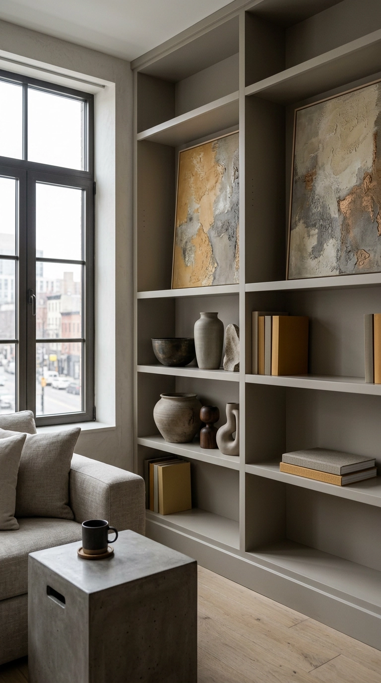 Abstract canvases leaned inside the bays of a putty grey built-in bookshelf