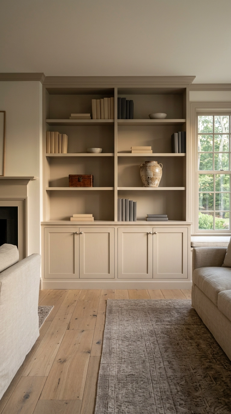 Built-in shelving with closed lower cabinets and sparsely styled open shelves above