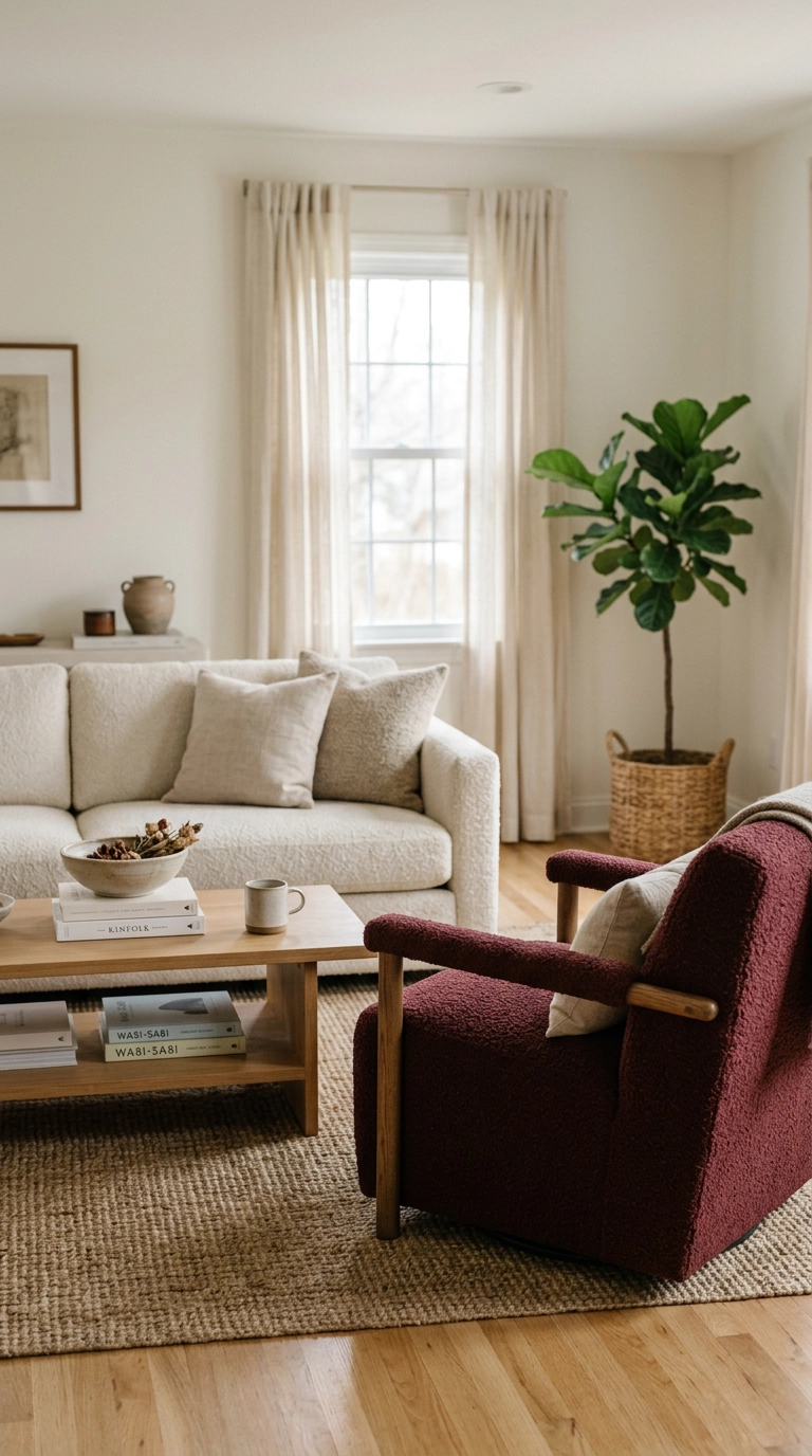 Cream boucle sofa with burgundy boucle accent armchair