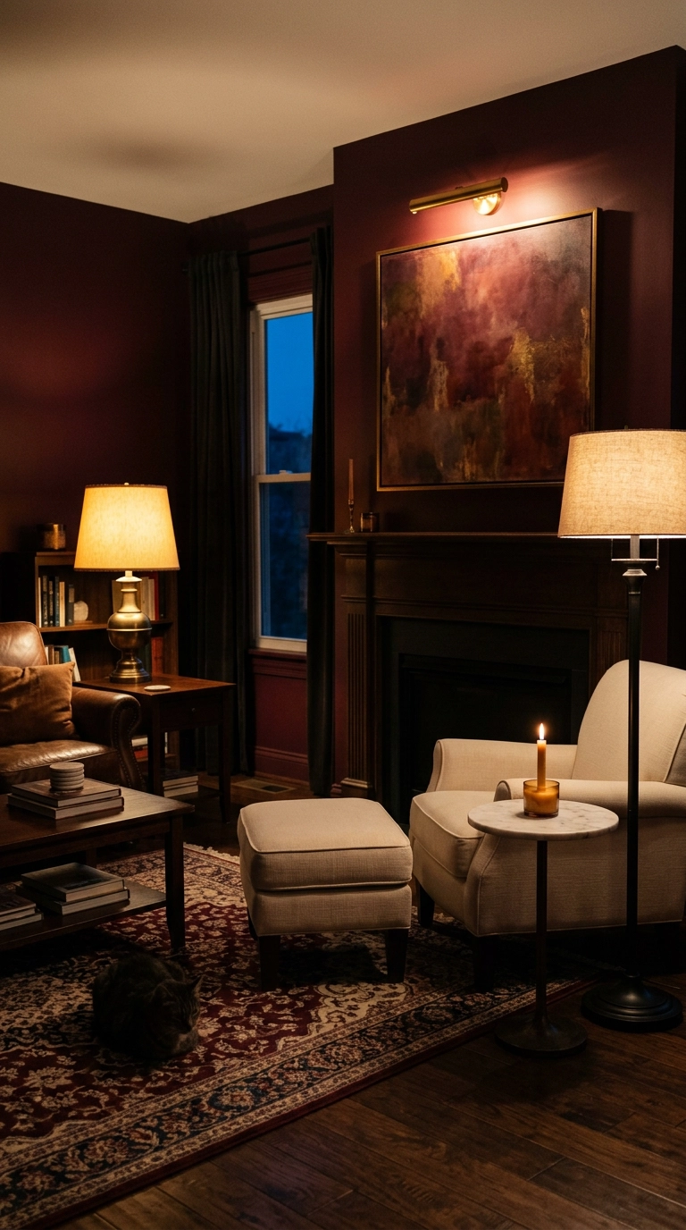 Burgundy living room at dusk lit with warm lamps and sconces
