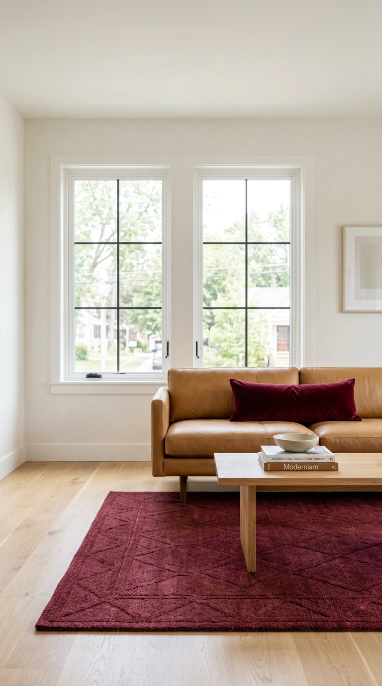 Bright white living room with burgundy rug and pillow accents