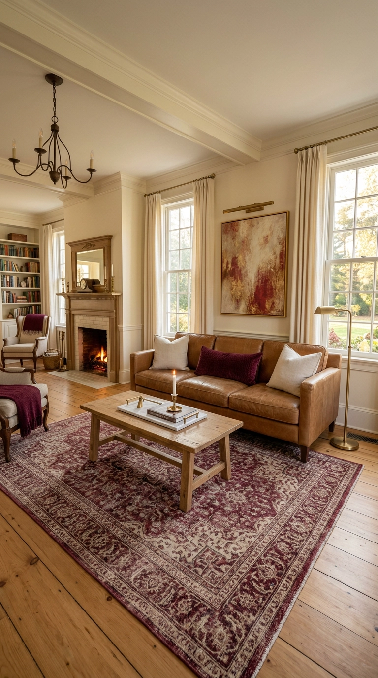 Cream and camel living room with burgundy rug and pillow